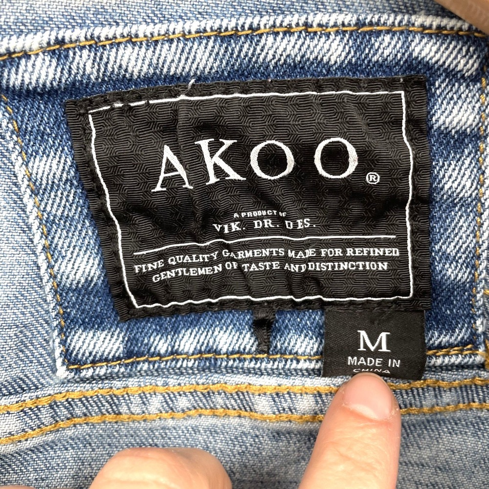 Akoo Oversized Distressed Denim Jacket Men's Size‎ M Floral Patches Metal Studs - Picture 3 of 16